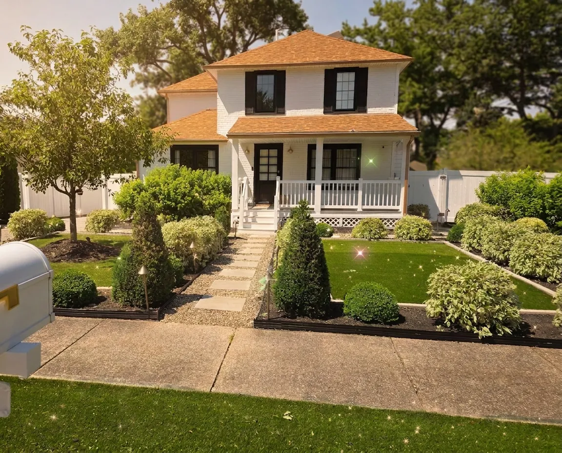 Manicured lawn and trimmed shrubs at a Parma Heights home with magic sparkles